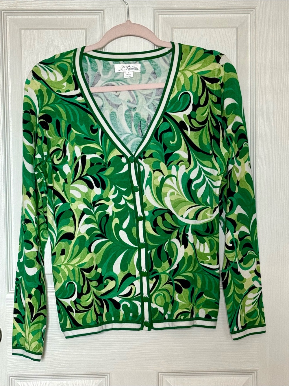 Josephine Essentials Silk Blend Green Abstract Print Cardigan Sweater Size Small